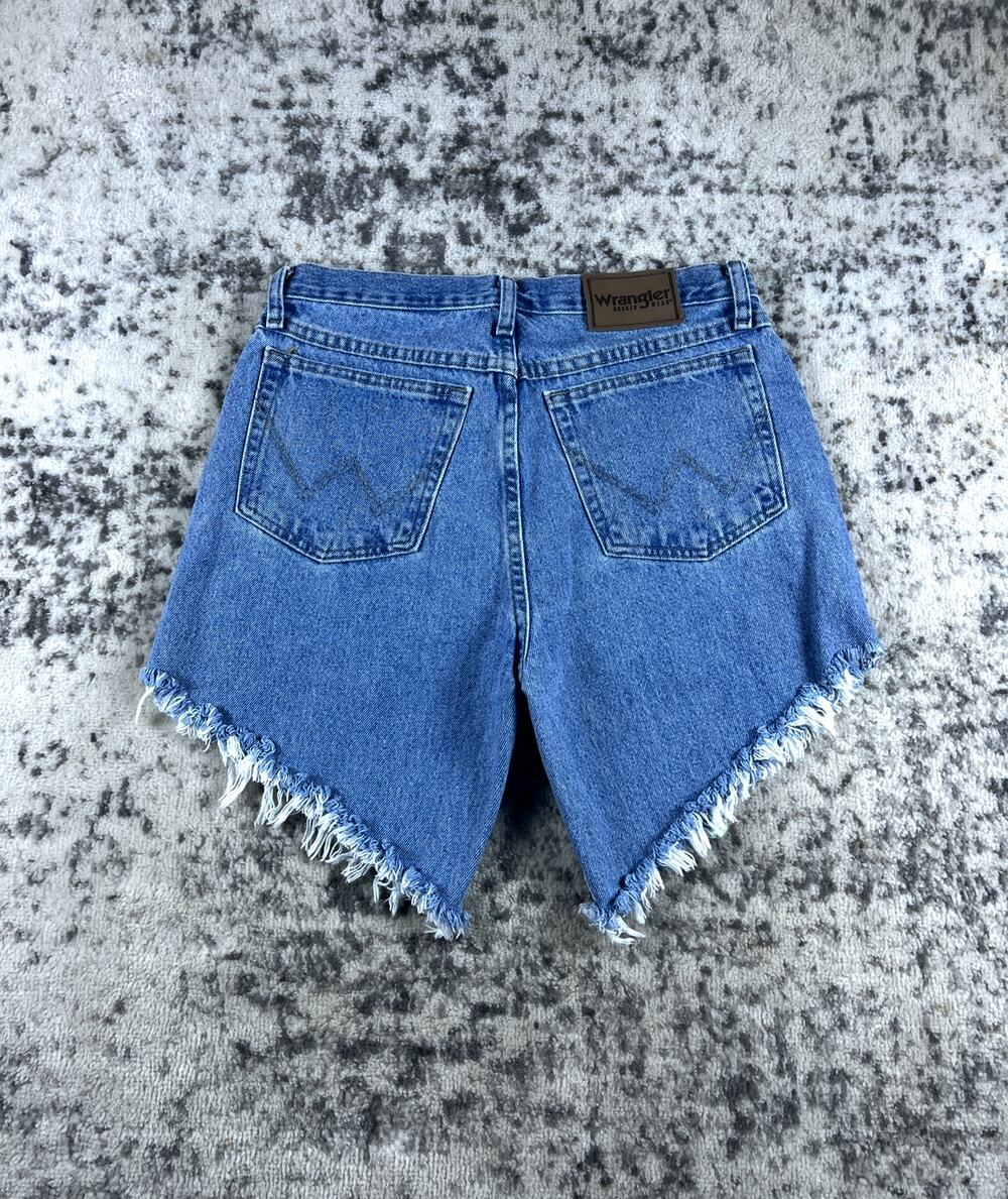 Vintage Daisy Duke Denim Shorts Womens 32 High Cut Medium Wash Cutoff Fringe Hem
